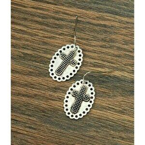 Silver Plate BOHO Scalloped Raised Beaded Cross Faith Bling Earrings NWT